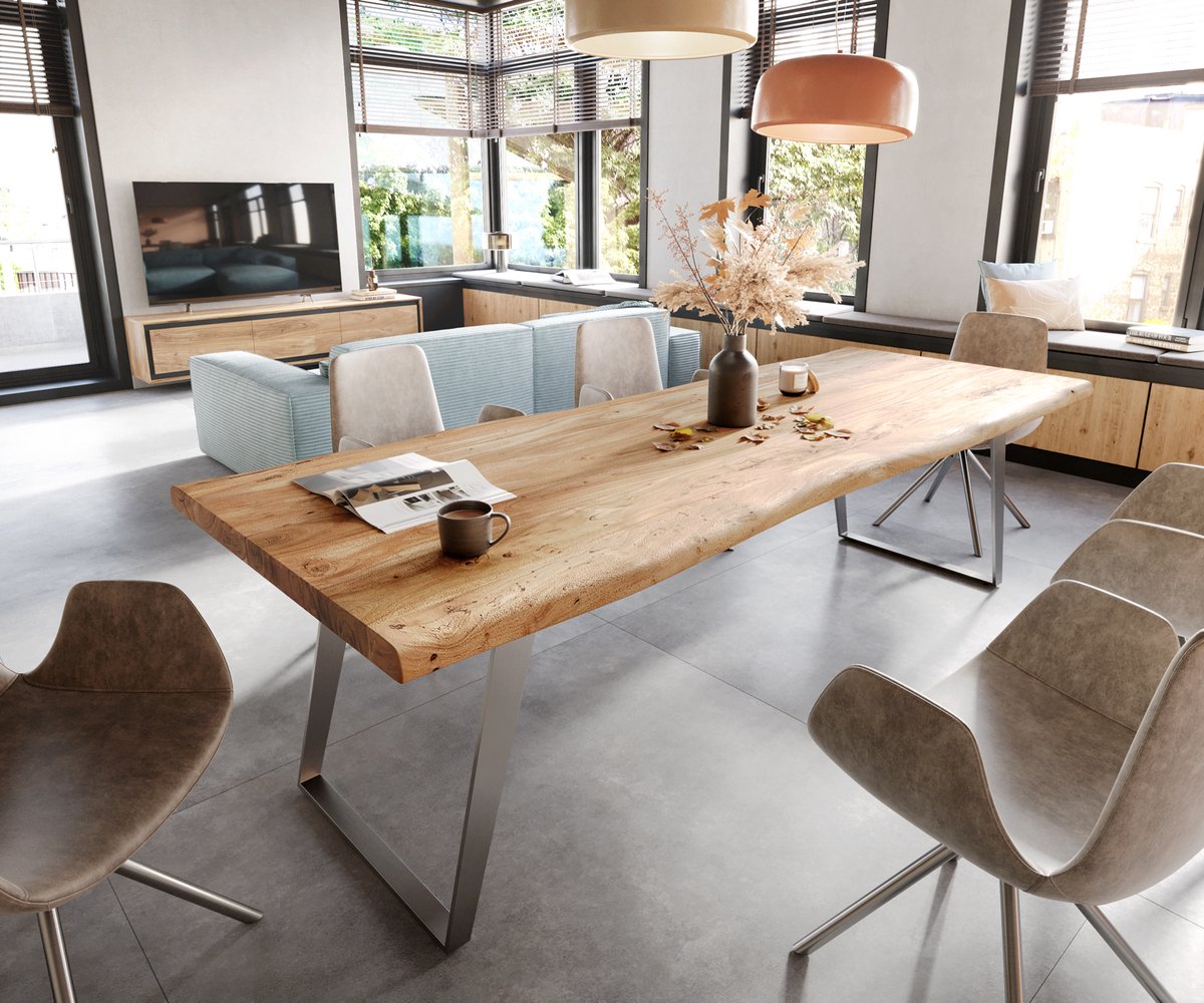 DELIFE Eettafel Edge acacia natuur 260x100 XL edelstaal schuin Live-Edge Bruin
