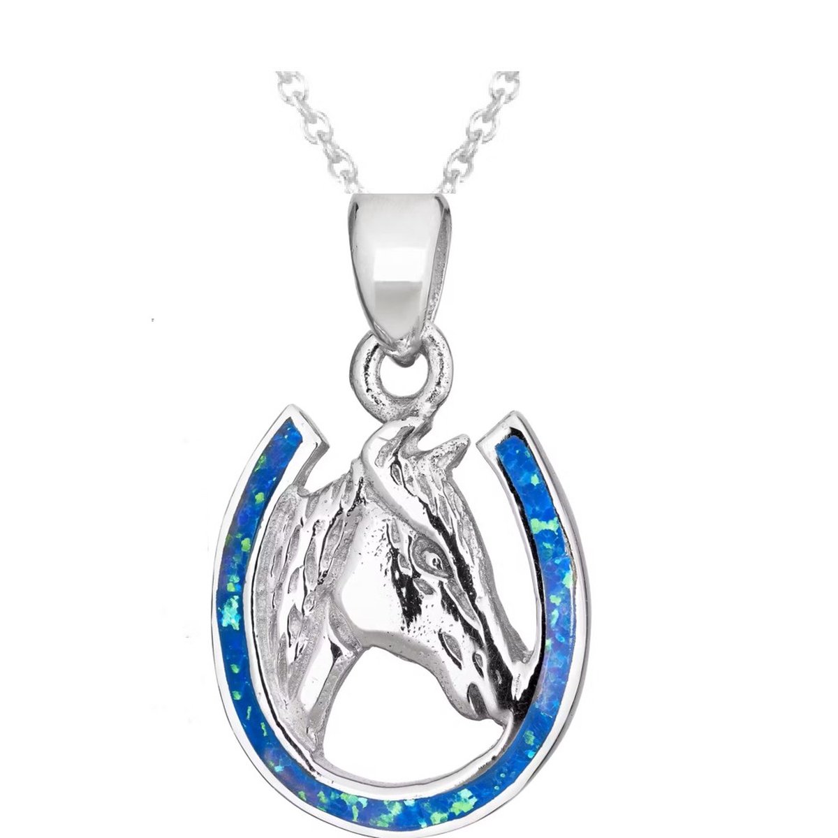 Hetty'S - Zilveren - hoefijzer - met paardenhoofd - ingelegd met echte opaal - collier van 42 cm