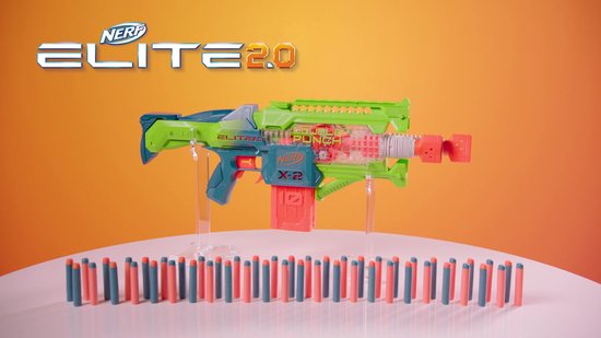 Nerf Elite 2.0, blaster Double Punch, 50 fléchettes Elite, 2 chargeurs 10  fléchettes, blaster motorisé