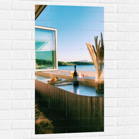 Muursticker - Strand - Zee - Uitzicht - Ramen - Eten - Drinken - Kleuren - Planten - 50x100 cm Foto op Muursticker