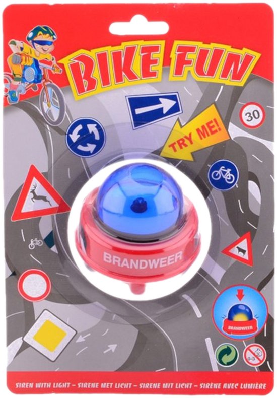 Rode fietsbel met blauwe zwaailichtkoepel, met de tekst BRANDWEER. Verpakt met verkeersborden.