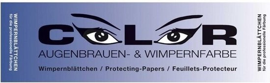 Verpakking met "COLOR" logo, ogen en tekst "AUGENBRAUEN- & WIMPERNFARBE" en "WIMPERNBLÄTTCHEN für die professionelle Färbung".