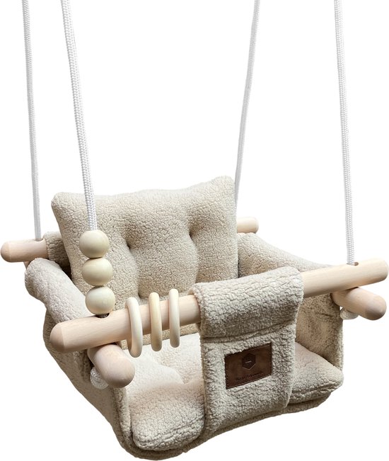 Luxe Baby / Kinder Schommel voor binnen of buiten! - Baby Swing Teddy Stof Beige - Schommelstoel inclusief Zachte Kussens, Veiligheidsriem en Bevestigingsmaterialen - Gemonteerd Verzonden!