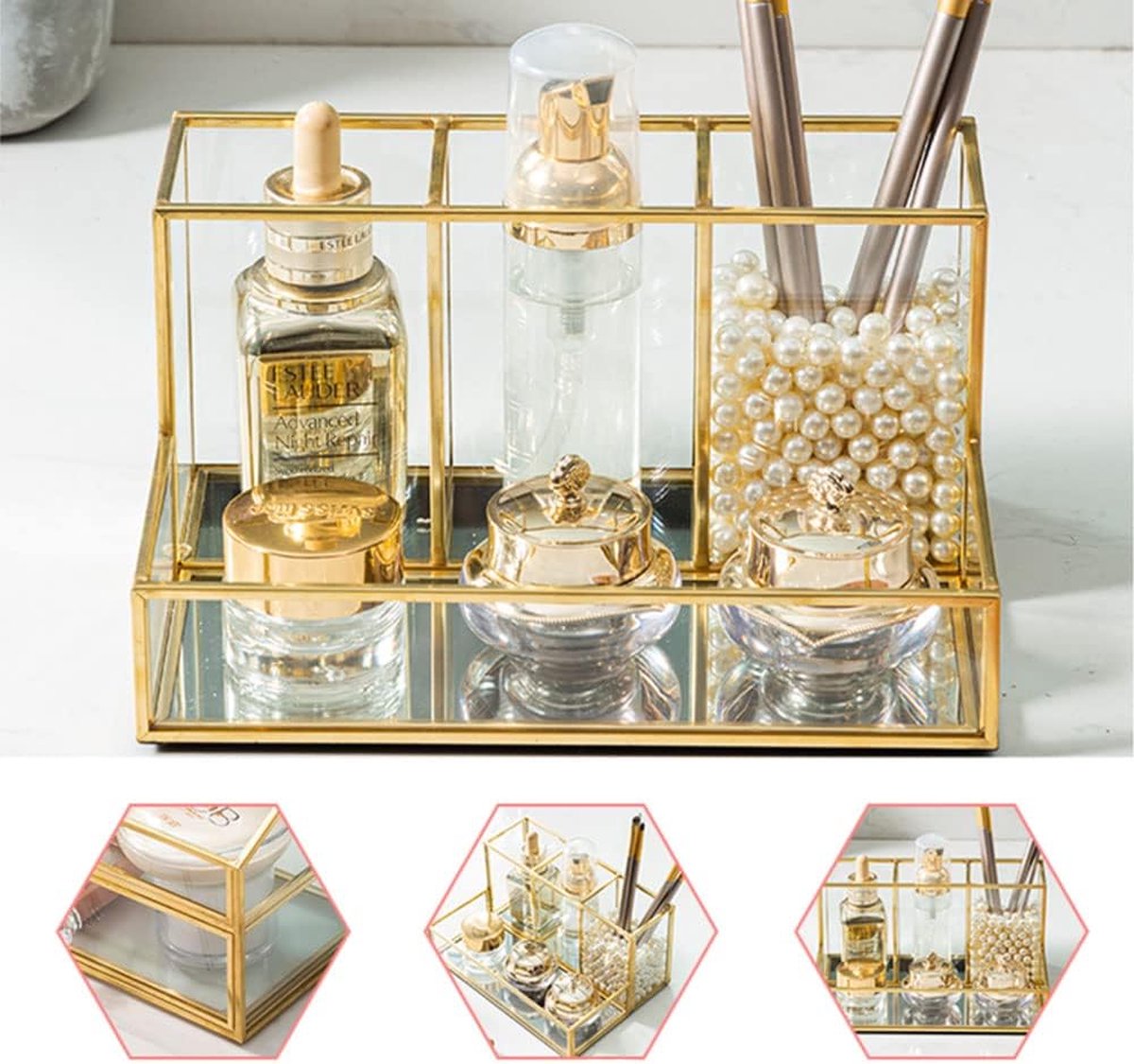 Goedkoopste organizer HARLIANGXY, make-uporganizer, beauty-organizer houder, make-upkwastenhouder, goudkleurige glazen cosmeticabox, bewaarplek voor make-up, transparant, decoratief blad, 20 x 14 x 10 cm