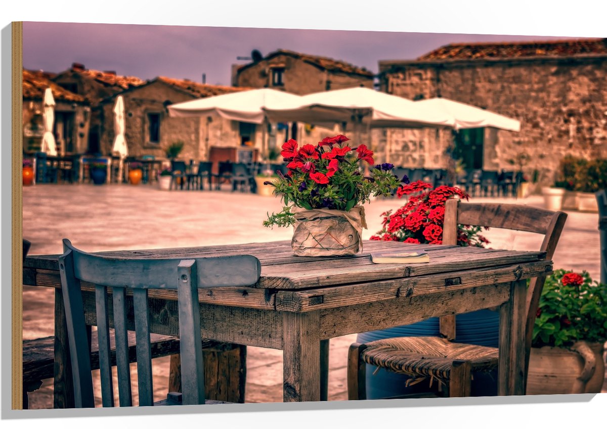 Hout - Tafel - Pleintje - Bloemen - Stoelen - Parasol - Kleuren - 105x70 cm - 9 mm dik - Foto op Hout (Met Ophangsysteem)