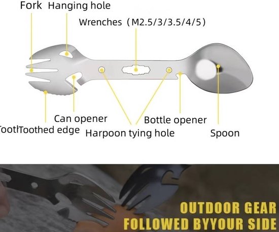 RVS Multifunctioneel bestek - lepel, vork, mes en flesopener set - alles in één bestek - multifunctionele tool voor outdoor - Handig voor op de camping en picknick van Obelink — afbeelding 2