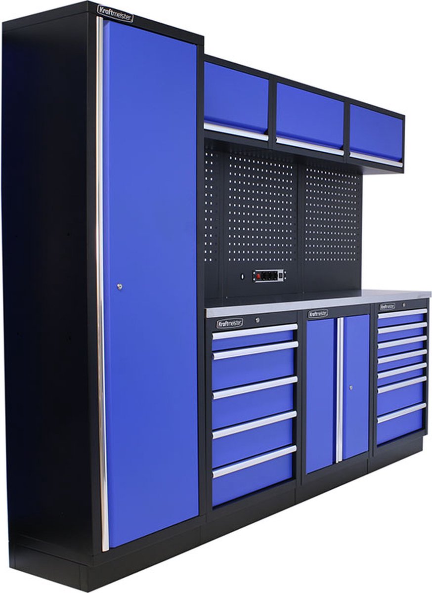 Kraftmeister werkplaatsinrichting - Werkbank met 3 wandkasten, 1 werkplaatskast, 1 opbergkast en RVS werkblad - Werktafel met 12 laden en gereedschapswand - Complete set voor werkplaats of garage - Blauw