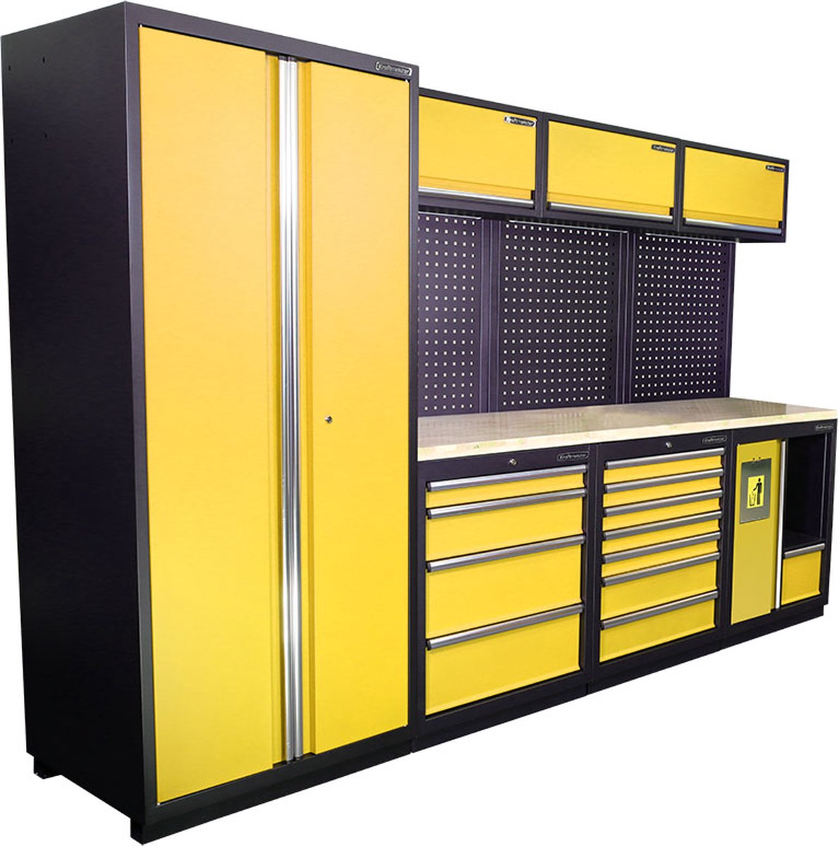 Kraftmeister werkplaatsinrichting - Werkbank met 3 wandkasten, 1 werkplaatskast, 1 prullenbak en eiken werkblad - Werktafel met 11 laden en gereedschapswand - Complete set voor werkplaats of garage - Geel