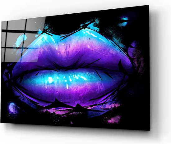 Glasschilderijen Vrouwelijk - Lippen - Paars - Zwart - Wanddecoratie - 72x46 cm