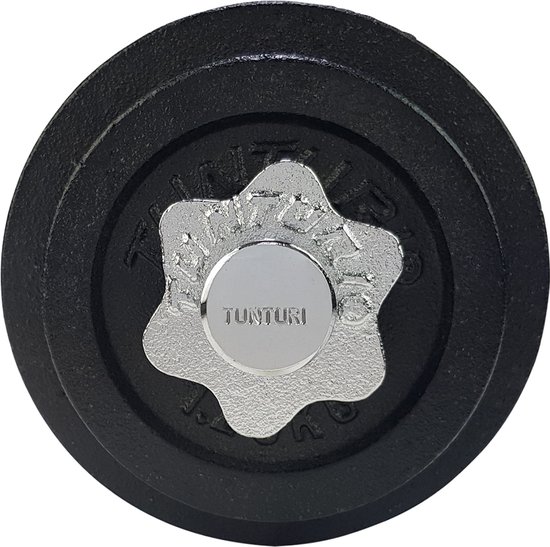 Close-up van een zwarte dumbbellplaat met 'Tunturi' logo.