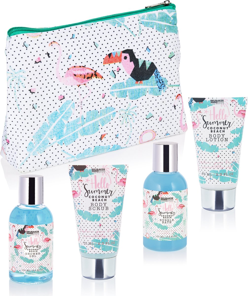 Goedkoopste BRUBAKER Beautyset Kokosnootgeur - Cadeautip Vrouw - Cadeau Idee - 5 -delige Cadeauset met Toilettas - Flamingo-print