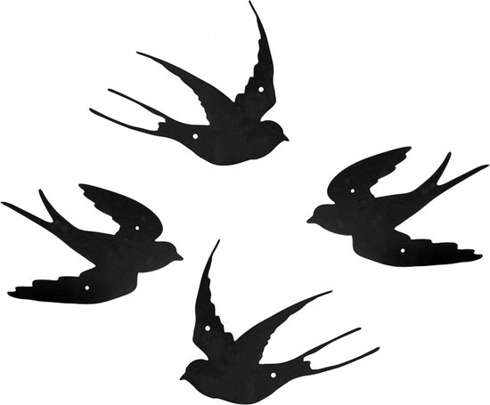 Quatre silhouettes d'hirondelles métalliques noires volent en formation, ailes déployées et queues fourchues.