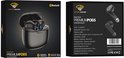 Zwarte Golden Sound Premium Pods in open zwarte oplaadcase, met blauwe LED-lampjes in de oordopjes.
