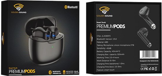 Zwarte Golden Sound Premium Pods in open zwarte oplaadcase, met blauwe LED-lampjes in de oordopjes.