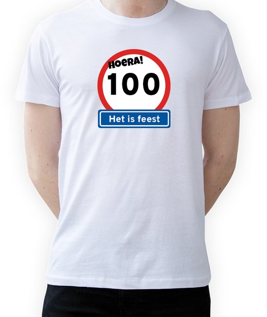 T-shirt Hoera 100 jaar|Fotofabriek T-shirt Hoera het is feest|Wit T-shirt maat L| T-shirt verjaardag (L)(Unisex)