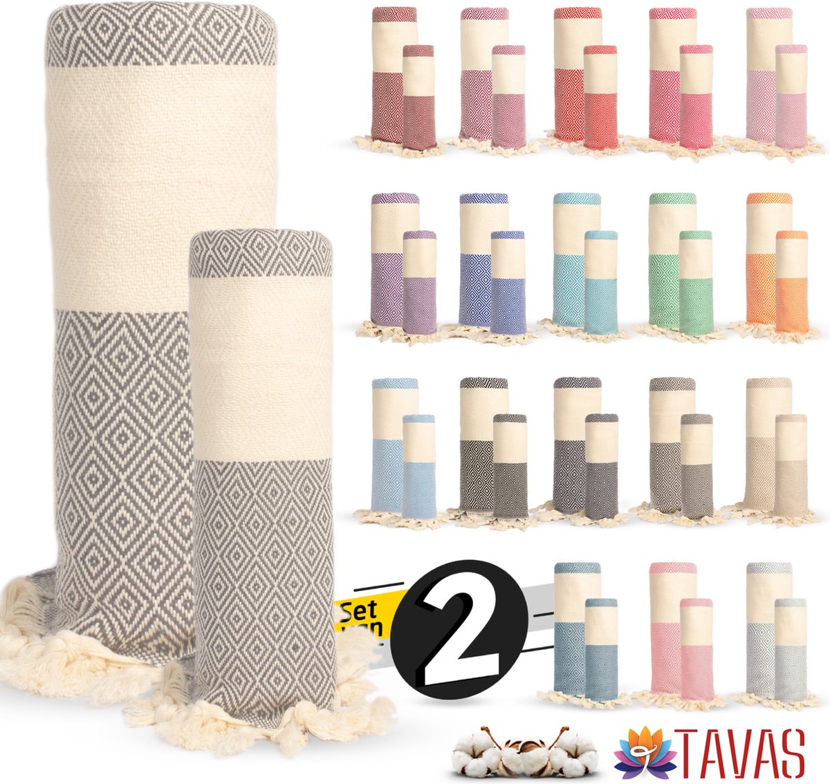 Rome Set van 2 | Hamamdoek 100x180 cm en Handdoek 50x90 cm 100% Katoen Spa Backpack Sauna Strandlaken Grijs
