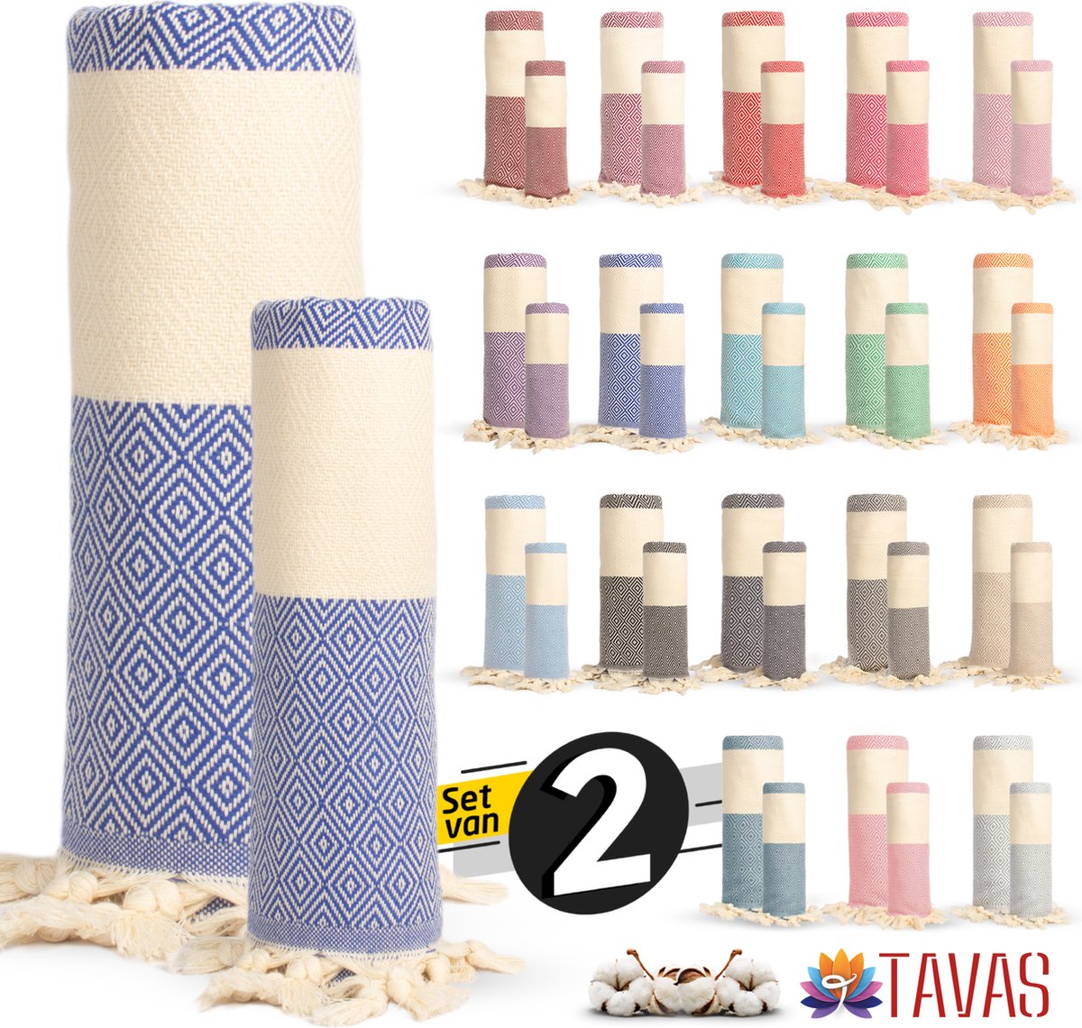Rome Set van 2 | Hamamdoek 100x180 cm en Handdoek 50x90 cm 100% Katoen Spa Backpack Sauna Strandlaken Blauw