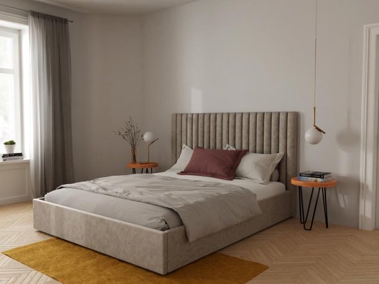 Lit coffre et tête de lit avec coutures verticales - 180 x 200 cm - Tissu - Beige - SARAH L 190 cm x H 120 cm x P 214 cm