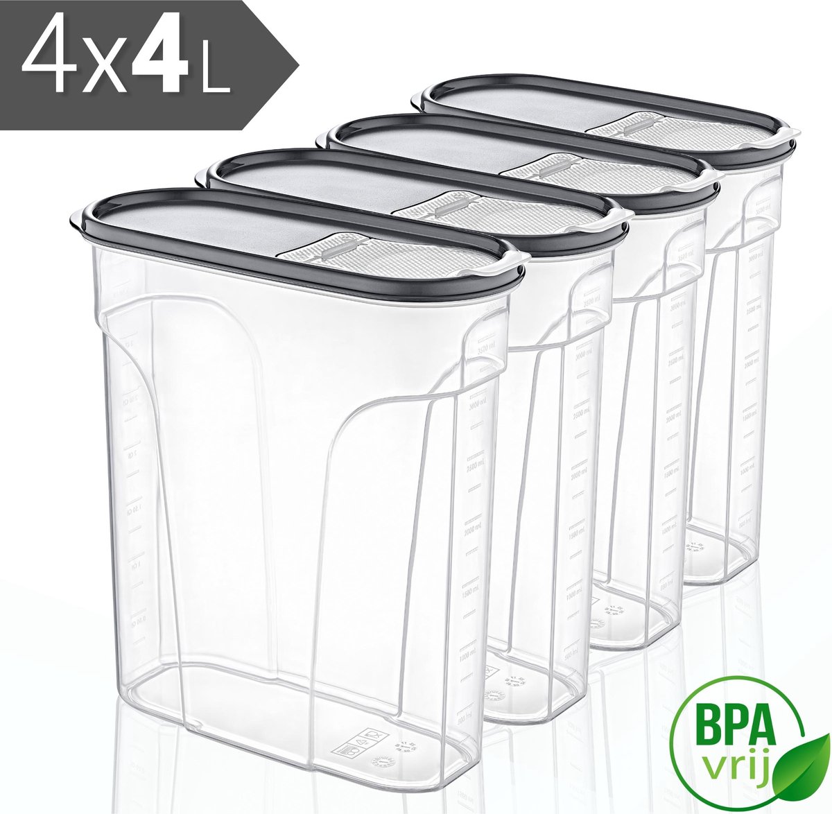 Voorraadpotten Set van 4 - 4x4L met grijze deksel Voorraadbussen - Vershouddoos - 4 Stuks - BPA vrij - Kunststof