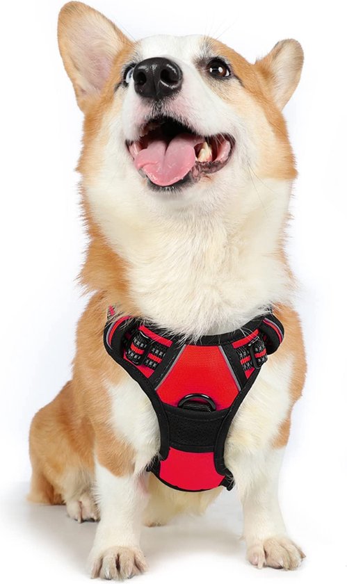 JAXY Hondenharnas - Hondentuig - Hondentuigje Kleine Hond - Y Tuig Hond - Harnas Hond - Anti Trek Tuig Hond - Reflecterend - Maat M - Rood