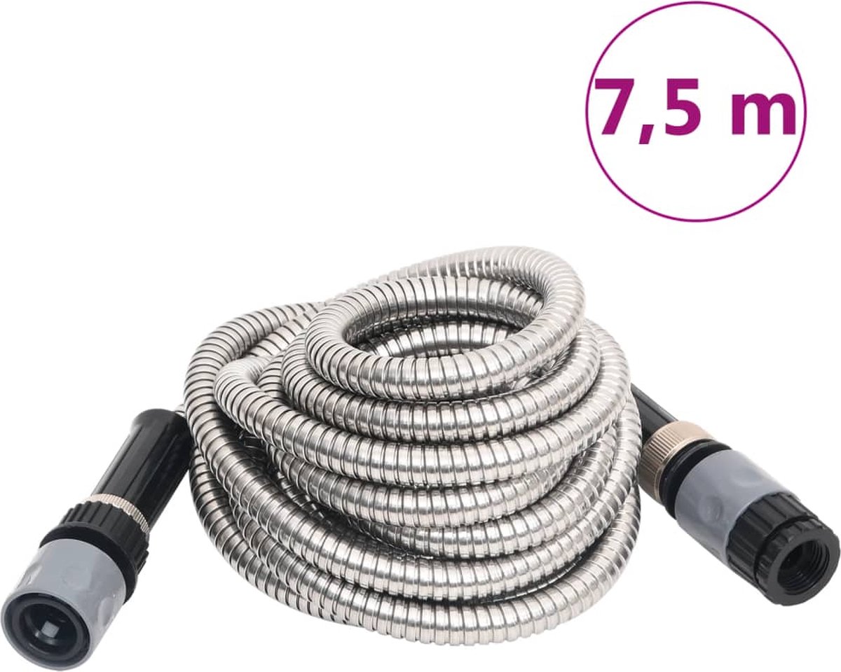 vidaXL Tuinslang met sproeikop 0,6'' 7,5 m roestvrij staal zilverkleur