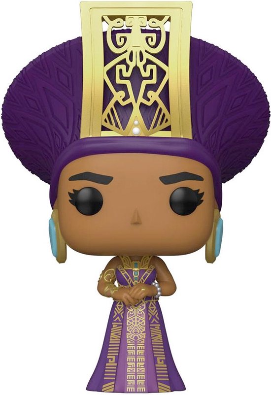 Queen Ramonda Funko Pop! figuur in paarse jurk met gouden versieringen en grote paarse hoofdtooi met gouden accenten.