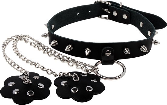 BDSM Zwart leren halsband met ketting en tepelcovers - Choker met spikes - SM Collar - Nekketting - Nipple covers - Sexy - Erotisch feest - Kinky - BDSM party - Erotische lingerie