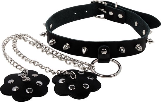 Foto: Bdsm zwart leren halsband met ketting en tepelcovers choker met spikes sm collar nekketting nipple covers sexy erotisch feest kinky bdsm party erotische lingerie