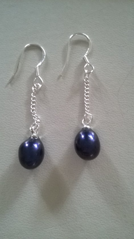 Gemstones-silver-natuursteen oorhangers zilver 925 blauw 3 cm 2g zoetwaterparel 7 mm