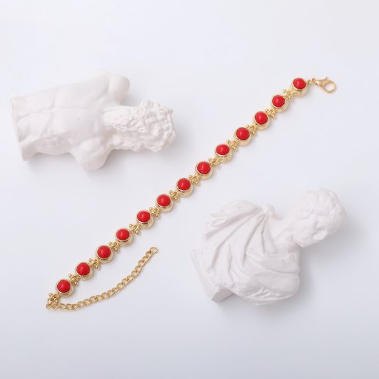 Hare Design Onyx Rode Stenen Gecombineerde Armband Goud Vergulde - Handgemaakte Luxe Sieraden