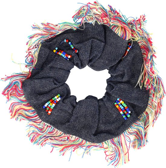 Scrunchie Haarelastiek Ibiza Kralen Franje Jeans Blauw Color Haar Krinkel Elastiek Festival Vibes Kraaltjes Franjes