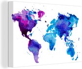 Canvas Wereldkaart - 90x60 - Wanddecoratie Wereldkaart - Waterverf - Paars - Kinderen - Jongens - Meisjes