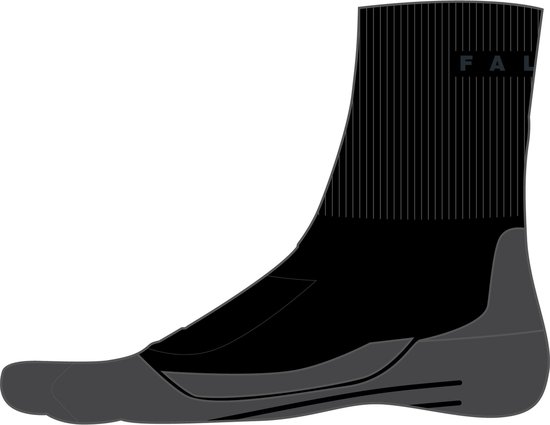 Chaussette de randonnée Falke noire, détaillée avec renfort gris au talon et à la semelle.