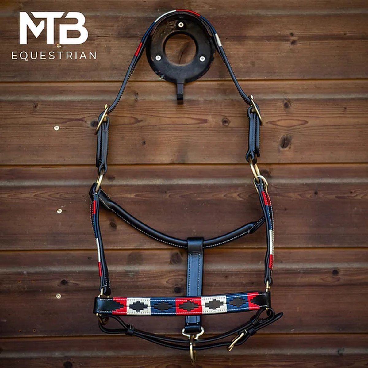 Leren halster polo print Full - Rood Wit Blauw - MTB Equestrian