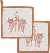 HAES DECO - Set van 2 Pannenlappen voor een kind - formaat 16x16 cm - kleuren Bruin / Beige - van 100% Katoen - Collectie: Kitty Cats - Kinder Pannenlap