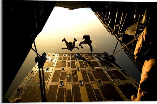 Acrylglas - Skydivers van Platform in Vliegtuig - 60x40 cm Foto op Acrylglas (Wanddecoratie op Acrylaat)