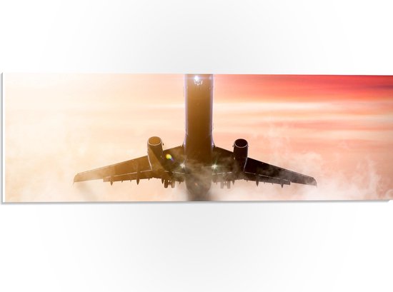 PVC Schuimplaat - Passagiersvliegtuig bij Zonsondergang door de Wolken - 60x20 cm Foto op PVC Schuimplaat (Met Ophangsysteem)