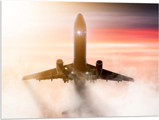 Acrylglas - Passagiersvliegtuig bij Zonsondergang door de Wolken - 80x60 cm Foto op Acrylglas (Met Ophangsysteem)