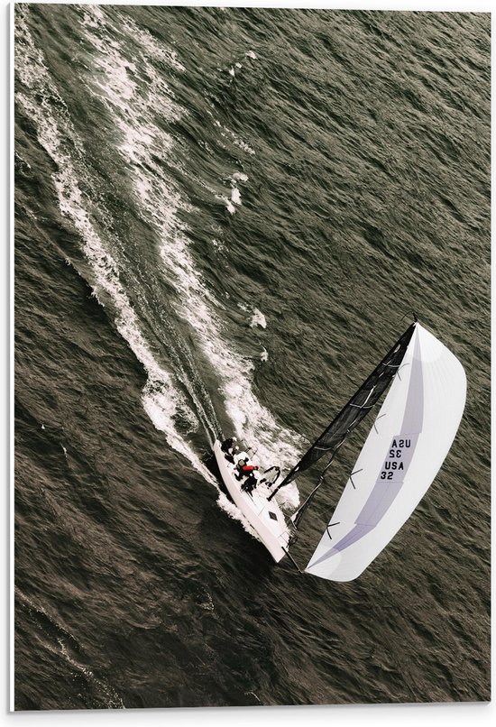 PVC Schuimplaat- Bovenaanzicht van Zeiler op Zeilboot over het Water ...