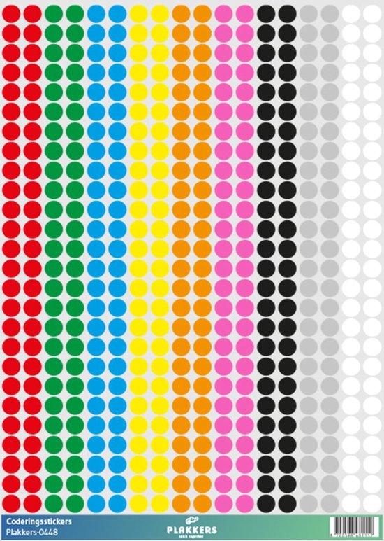 Vel met 9 rijen van 52 ronde stickers in rood, groen, blauw, geel, oranje, roze, zwart, grijs en wit.