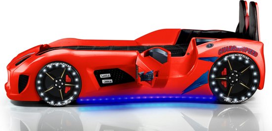 Lit de voiture pour tout-petit - Rouge avec éclairage LED et effets sonores - Jantes lumineuses