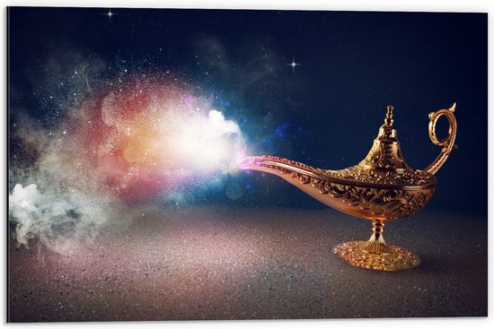 Dibond - Magische Gouden Lamp met Kleurrijke Rook - 60x40 cm Foto op Aluminium (Met Ophangsysteem)
