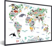 Wereldkaart - Kinderen - Dieren - Planten - Schoolplaat - Kinderkamer - 40x30 cm