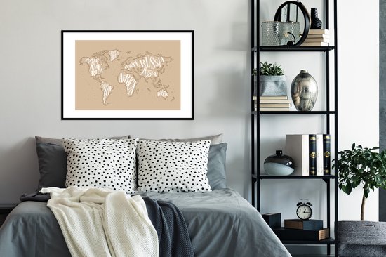 Affiche avec cadre Carte du Wereldkaart - Lettres - Wit - 90x60 cm