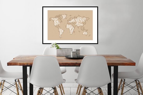 Affiche avec cadre Carte du Wereldkaart - Lettres - Wit - 90x60 cm