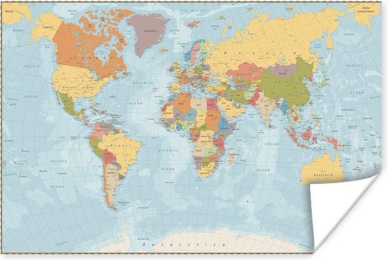 Carte du monde colorée avec noms de pays et d'océans, sur papier enroulé.