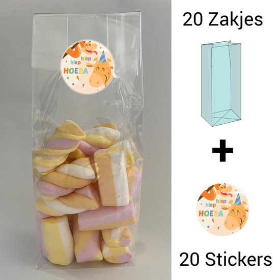 Uitdeelzakjes + sluitstickers - 20 stickers & 20 zakjes - cellofaanzakjes - Transparant - snoepzakjes - traktatie zakjes - Inpakzakjes - kinderfeestje - Giraf - Slang