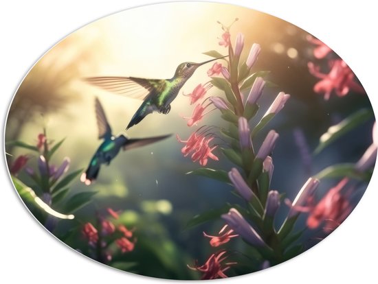 PVC Schuimplaat Ovaal - Kolibries Vliegend bij Roze Plantgjes - 96x72 cm Foto op Ovaal (Met Ophangsysteem)