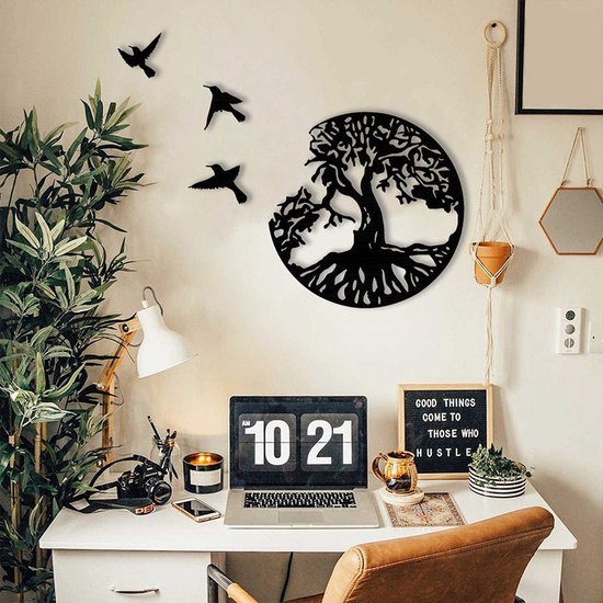 Levensboom - Metaal - 50cm - Tree of Life - Wanddecoratie - wandbord - zwart wit muurdecoratie - Wall Art - Metalen wanddecoratie vogels - Tuindecoratie - Geschikt voor binnen en buiten