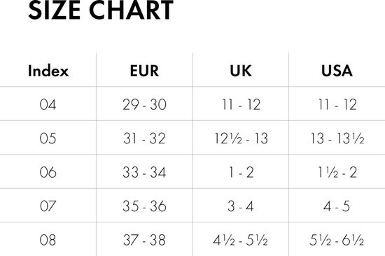 Maattabel voor Cosyshoe sokken met index, EU, UK en Amerikaanse maten.